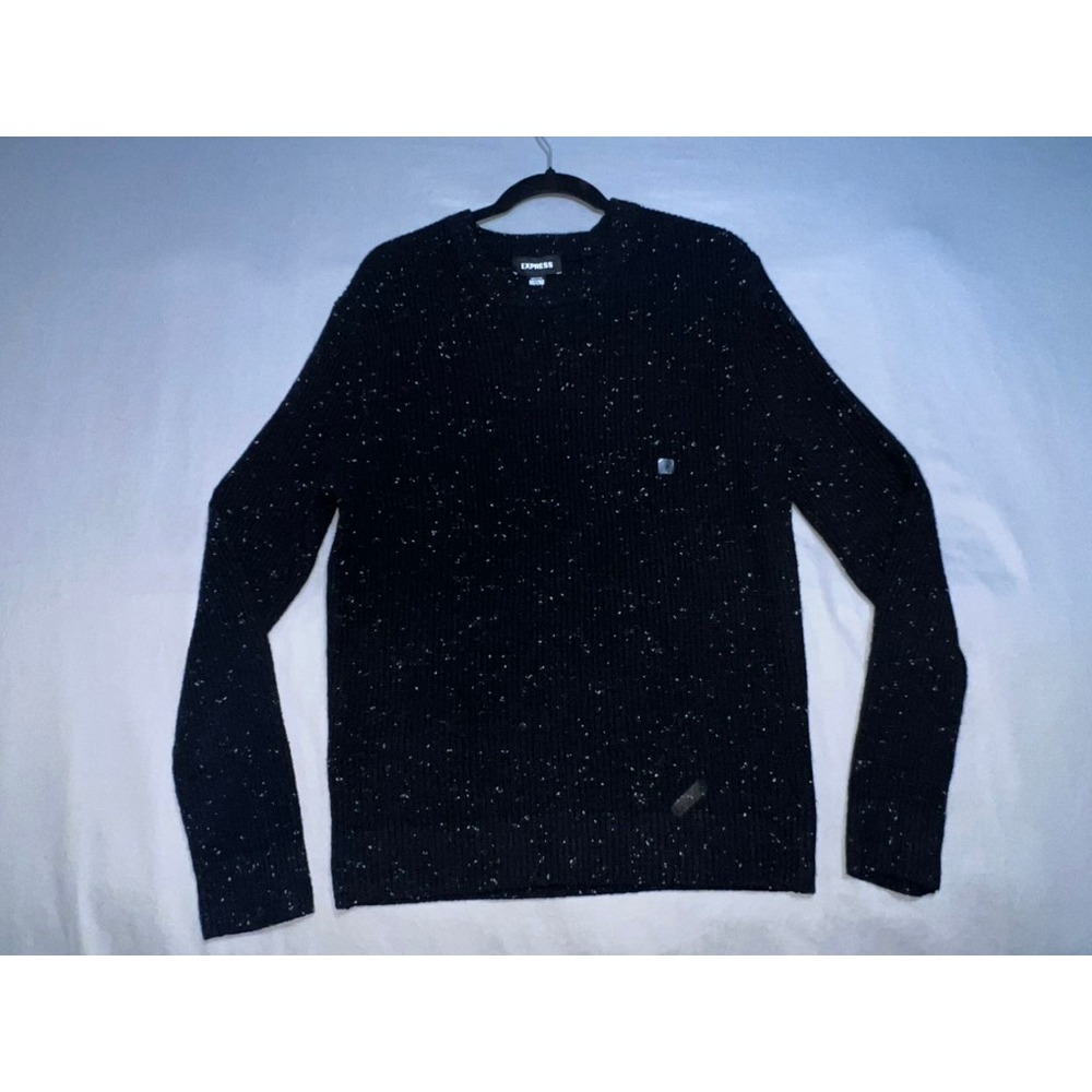 Express Conscious Edit Mens Black White Speckled Marled Knit Sweater Medium NEW